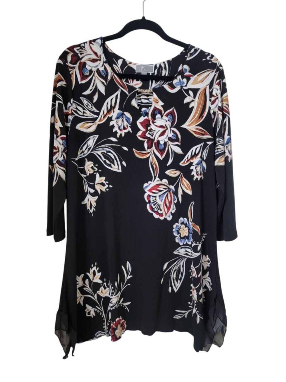 JM Collection Size L Black Floral Print Asymmetrical Hem Tunic Top